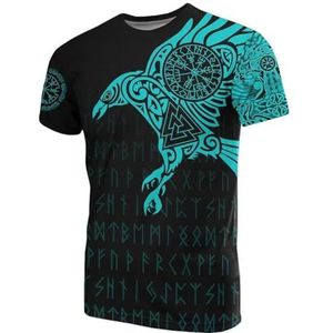 Noorse Mythologie Raven Tattoo T-shirt - Unisex Viking 3D Bedrukte Odin Fenrir Classic Harajuku Losse Korte Mouw - Zomer Vegvisir Tattoo Pagan Sports Top (Color : Crow blue, Size : 5XL)