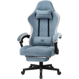 GTPLAYER Ergonomische game stoel, stoffen beklede bureaustoel met intrekbare voetensteun, veerkussen, in hoogte verstelbaar, kantelbaar, lichtblauw