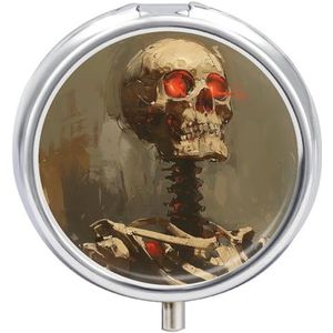 Skelet met rode ogen pillendoos 3 compartimenten reispillenorganisator 3 keer per dag schattige mini-pillenetui voor portemonnee en zak draagbare metalen medicijndoos met spiegel ronde dagelijkse