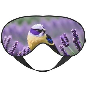 Vogel in paarse lavendel bloemen bloemen dubbelzijdig slaap oogmasker, comfortabele zachte blinddoek met verstelbare riem, blokkeert licht