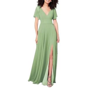 HPPEE Jurken voor dames, V-hals, bruidsmeisjesjurk met split, fladdermouwen, chiffon, formele avondjurk, zomerbruidsmeisje, Sage Groen, 32