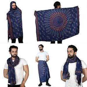 Sarjana Handicrafts Mannen Vrouwen Rayon Mandala Sarong Sjaal Sjaal Cover Up Badmode Wrap Jurk Bikini Unisex Gypsy Strandlaken, Blauw, one size