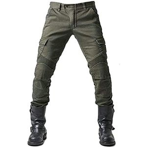 Motorbroek, beschermende broek, voor heren, motorjeans, van ademend, slijtvast kevlar met 2 paar beschermers op heup en knieën, afneembare pads, legergroen