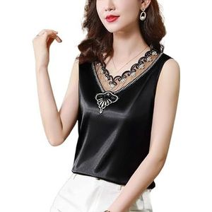 ROUZIHU Vrouwen Kant V-hals Hemdje Satijn Base Shirt Pak Zakelijke Mouwloze Top voor Vrouwen, Zwart -1, 5XL