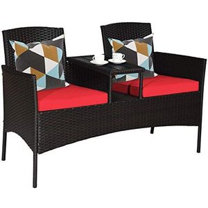 Tangkula Outdoor Rotan Loveseat, Patio Conversatieset met kussens en tafel, moderne gepatenteerde rieten bankset met ingebouwde salontafel, rotan banken voor tuin, gazon en achtertuin