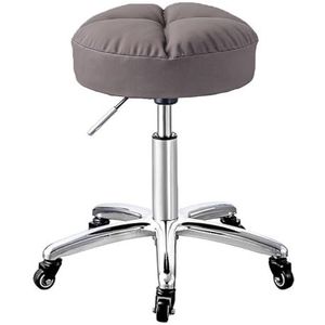 FXLUHAY Verstelbare rollende draaibare massagekruk met wielen en krasbestendig PU-lederen zachte zitting, in hoogte verstelbare hydraulische stoel, ronde rollende spa salonstoelkruk (grijs)