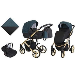 KUNERT Kinderwagen TIARO PREMIUM sportwagen babywagen autostoel babyzitje complete set kinderwagen set 3 in 1 (zwart met groen, framekleur: goud, 3-in-1)