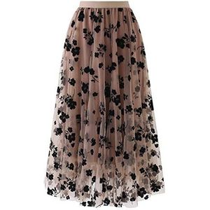 Mfacl maxi rok pluizig Rokken voor vrouwen - mode geplooide rokken lente zomer elastische hoge taille lange mesh plus size rok womens geplooide rok (Color : Khaki, Size : XL)