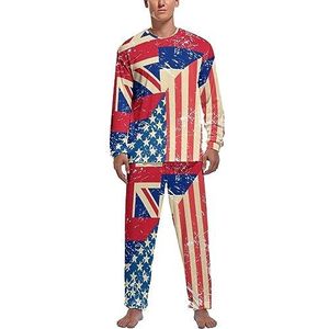 Amerikaanse en Hawaii retro vlag zachte heren pyjama set comfortabele lange mouwen loungewear top en broek geschenken L