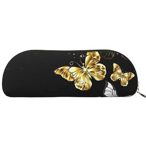 IguaTu Gouden witte vlinders zwart lederen etui - cosmetische tas met gladde ritssluiting - muntzak - kantoor briefpapier organizer, Goud, Eén maat, Schooltas