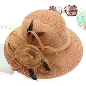 Elegante zomer brede rand vrouwen hoed grote satijnen bloem lint veer floppy strand zonnehoed Kentucky Derby bruiloft kerk hoeden(Size:Khaki)