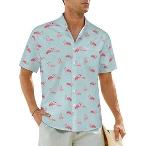 Schattig roze flamingo herenhemden korte mouwen strandshirt Hawaiiaans shirt casual zomer T-shirt M