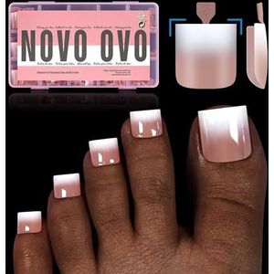 Novo Ovo Plak-teennagels met ombré en Franse punt, zachte gelverlenging in scherpe vierkante vorm, bruinroze met voorgelakte punt, primer en basislaag, volledig dekkend, 240 stuks in 15 maten