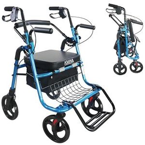 KMINA Rollator 4-wielen, opvouwbaar, licht, zitting, 2-in-1, verstelbaar, comfort, mobiliteit, blauw