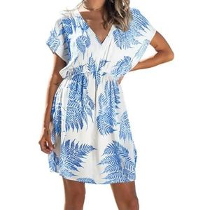Beach Cover-Up Women'S Summer Dresses Leaf Print V Neck Beach Dress, Elastic Waist Short Sleeve Bikini Cover Up-White-M