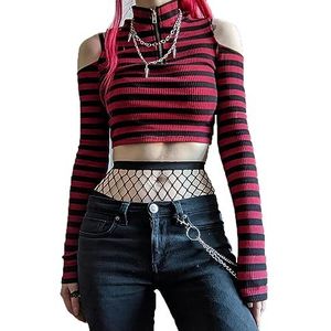 Dames Goth Open Schouder Lange Mouw Crop Tops Sexy Grunge Gestreepte Gothic Punk Basic T-Shirts Casual Bodycon Tops Tee Clubwear,Red,M