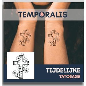 Kruis tattoo – Temporalis® | Tijdelijke tatoeages voor vrouwen & mannen – Nep tattoo vegan & waterbestendig – EU-cosmetica – Blijft 1-2 weken [ Tatoeage Christelijk bloemenkruis ]