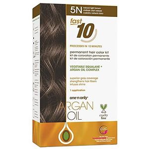 One 'n Only Argan Oil Fast 10 Permanente haarverfset, 5N natuurlijk lichtbruin, grijshaardekking in 10 minuten, helpt om de natuurlijke vochtbalans te behouden, geavanceerde micropigmenten voor