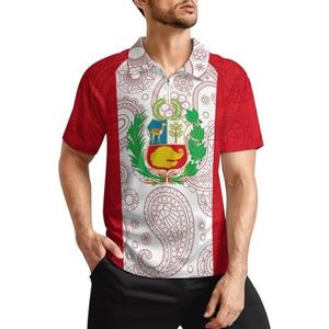 Peruaanse Paisley vlag heren golfpoloshirts klassieke pasvorm korte mouw T-shirt gedrukt casual sportkleding top M