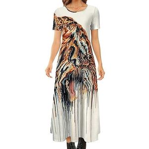 Abstracte tijger schilderij vrouwen zomer casual korte mouw maxi jurk ronde hals gedrukt lange jurken 2XS