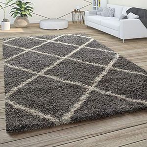 Hoogpolig tapijt, zachte shaggy voor de woonkamer in Scandinavische stijl met ruitmotief, Maat:200x280 cm, Kleur:Grijs