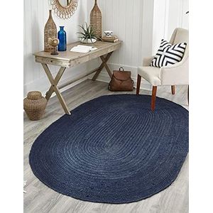 DecorAvenue Area Rugs Indiaas handgemaakt natuurlijk handgeweven gevlochten jute tapijt voor woonkamer slaapkamer (68 x 120 centimeter ovaal, marineblauw)