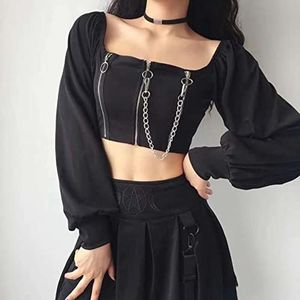 Zomer Punk Gothic T-shirts Rits Crop Top Vrouwen Zwart Vintage Y2k Kleding Slanke Vierkante Kraag Lange Mouwen Keten T korte Top