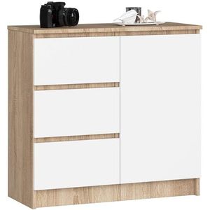 AKORD Commode K-80 Jerry met 3 laden | Kast met 2 planken en 1 deur | Voor de woonkamer slaapkamer | Modern | 16mm gelamineerde plaat | 80x77x35 cm | Sonoma eiken + witte voorzijde