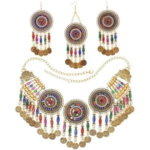 Vintage Kleurrijke Kristallen Munten Kwastje Oorbellen Ketting Haarhaak Zigeuner Etnische Tribal Bruid Bruiloft Accessoires Sieraden Sets (Color : Gold)