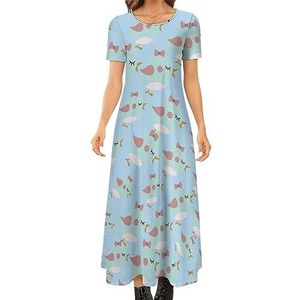 Little Birdie Maxi-jurk voor dames, zomer, casual, korte mouwen, ronde hals, bedrukt, lange jurk, XS
