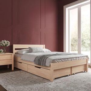 140x200 cm houten bed met hoofdeinde - Kaja Scandi-stijl bedframe met lattenbodem incl. 2 opbergladen - Natuurlijke kleur - Draagvermogen 350 kg