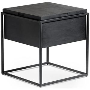 FineBuy Bijzettafel, 47 x 47 x 51 cm, mango, massief hout/metaal, zwart met opbergruimte, woonkamertafel, vierkant met afneembaar deksel, tijdloos