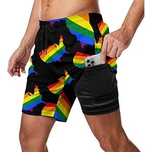 Gay Pride LGBT Vlag Kaart van Amerika Regenboog Zwembroek voor heren, sneldrogend, 2-in-1 strandsportshorts met compressieliner en zak