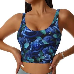 TTYDOKLA Veel blauwe rozen print high impact sport bh's, workout tops met ingebouwde beha, voor fitness, hardlopen en yoga, Zwart, S