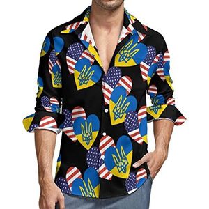 Oekraïense USA Heart Flag mannen button down shirt lange mouw V-hals shirt casual regular fit tops