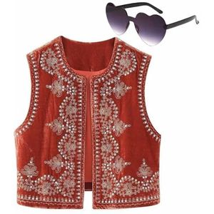 Dames bloemen geborduurd vest top, mouwloos open voorkant cropped blouse vintage vest(Color:Red,Size:S)
