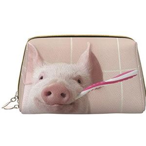 VUCEMI Roze Varken Gedrukte Koppelings Kosmetische Zak, de Kosmetische Zak van de Leer Draagbare Rits, Wit, One Size