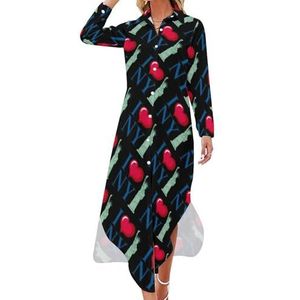 I Love New York City Maxi-jurk voor dames, lange mouwen, knoopsluiting, casual party, lange jurk, XL