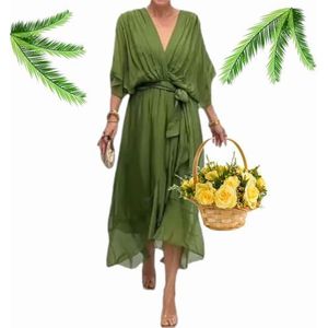 WINDEHAO Stijlvolle en elegante chiffon jurk met V-hals voor dames, chiffon, V-hals, maxi-jurk, avondjurk, feestjurk, chiffon, vleermuismouwen, bruiloftsgastjurk