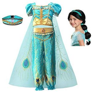 Kinderen Aladdin Kostuum Meisjes Prinses Jasmine Jurk met Pruik voor Halloween Kerstfeest Verjaardag Carnaval 3-11 jaar (140, Dress Set B)