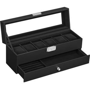 SONGMICS horlogebox, horlogekast met glazen deksel, 2 niveaus, voor 6 horloges, afsluitbaar, 1 lade, voor ringen, armbanden, cadeau-idee, PU-hoes in zwart, binnenvoering in zwart JWB060B02