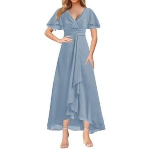 WSEYU Korte Mouw Moeder Van De Bruid Bruidegom Jurken Chiffon Kralen Formele Avond Grootmoeder Jurken Thee Lengte ZM203, Dusty Blauw, 32