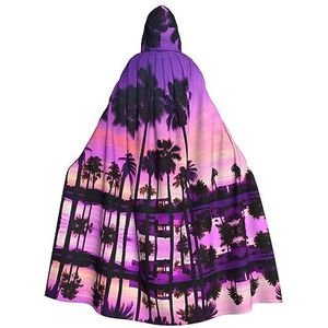FRGMNT Palmboom Paars Zonsondergangen print Mannen Hooded Mantel, Volwassen Cosplay Mantel Kostuum, Cape Halloween Aankleden, Hooded Uniform
