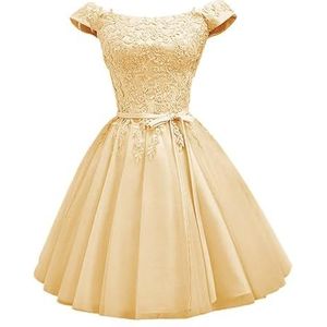 YIANN Off-shoulder satijnen thuiskomst jurken voor tieners met kanten applicatie mouwloze A-lijn baljurk korte galajurk, Champagne, 32