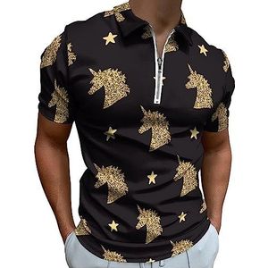 Gouden Magische Eenhoorn Hoofd Poloshirt voor Mannen Casual Rits Kraag T-shirts Golf Tops Slim Fit