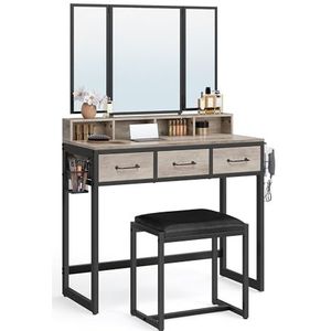 VASAGLE kaptafel met 3-delige opvouwbare spiegel, haardrogerhouder, cosmetische tafel met gevoerde kruk, 3 lades, industrieel ontwerp, Greige en zwart RVT004B02