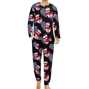 Interlocking Hearts Amerikaanse Kroatië vlag heren pyjama set lounge wear lange mouw top en onderkant 2 stuk nachtkleding
