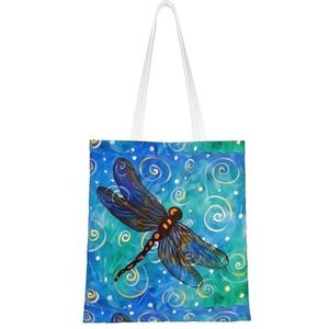 LamaMe Blauwe Dragonfly 12ann Herbruikbare Canvas Tote Voor Winkelen Strand Moederdag Gift Bag, Zwart, Eén maat