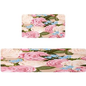 VAPOKF 2 stuks keukenmat roze rozen en blauwe bloemen, antislip wasbaar vloertapijt, absorberende keukenmat loper tapijt voor keuken, hal, wasruimte