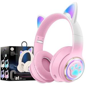 Uitstekende Draadloze Bluetooth-Hoofdtelefoon Met Kattenoren Voor Kinderen, Led-Verlichte En Opvouwbare Stereo Hoofdtelefoon, Ondersteunt Microfoon/Tf-Geheugenkaart Voor
